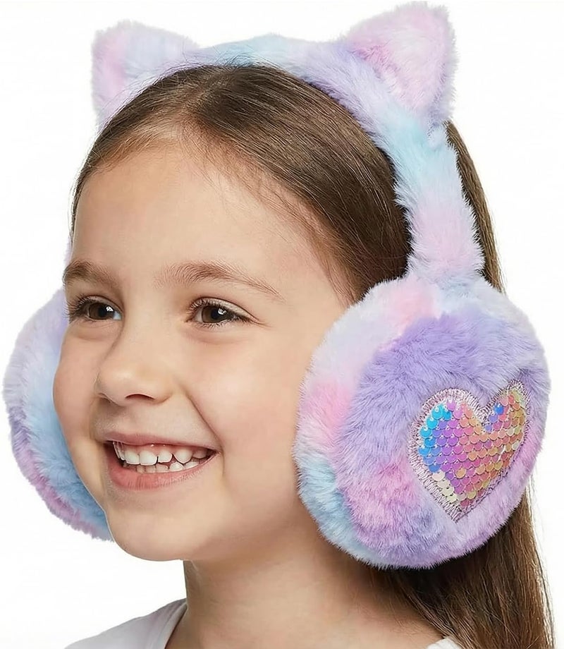 FYBW Ear Muffs Gloves Set for Kids, Winter Adjustable Sequins Warm Earmuffs for Kids Outdoor Cold Weather - Image 1